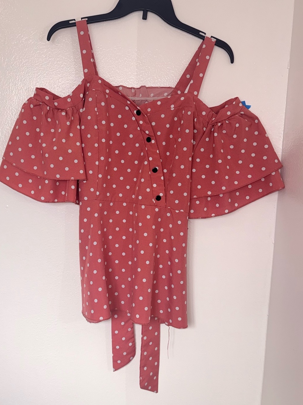 SHEIN Coral Pink Polka Dot Cold-Shoulder Ruffle Blouse